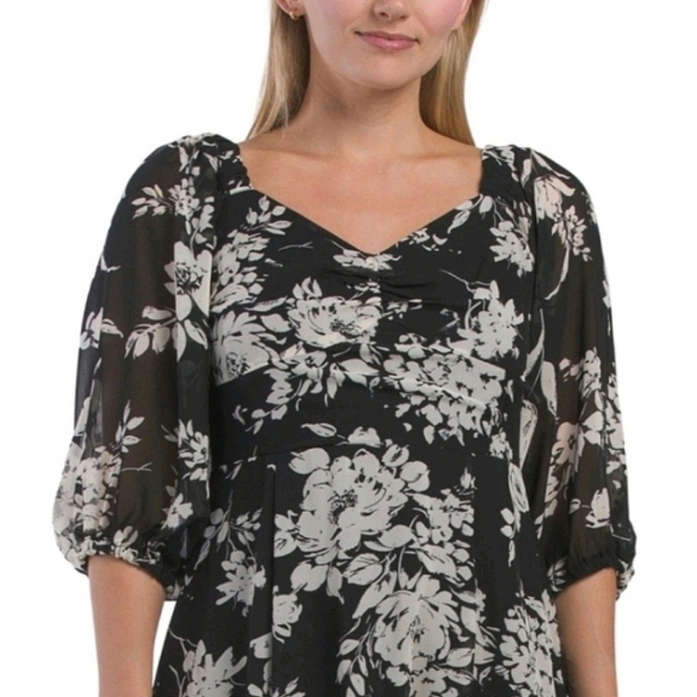 Rachel Zoe Floral Chiffon Babydoll Midi Dress Size 8‎ Puff Sleeve Ruffle Hem